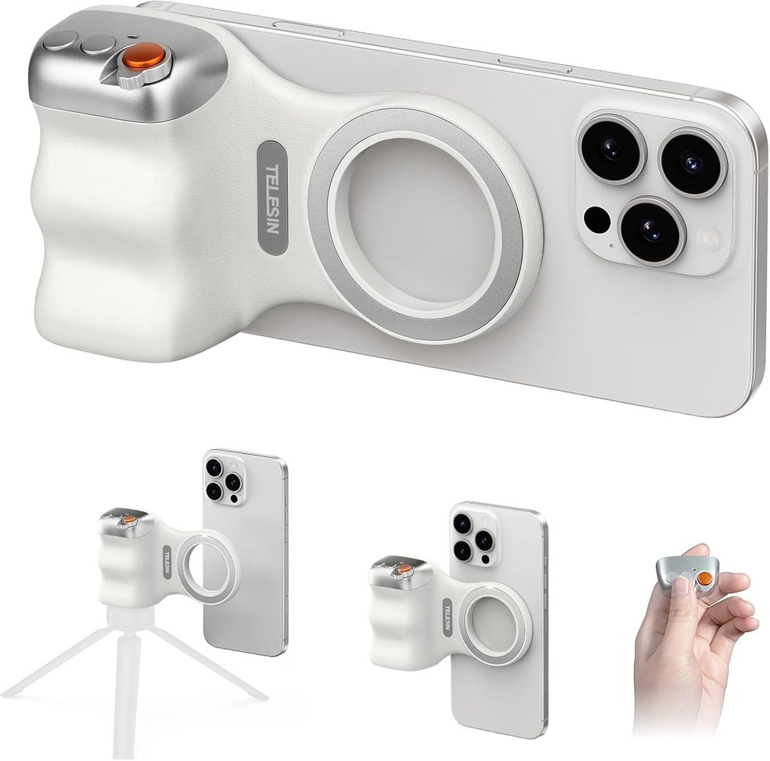 Magnetic Phone Camera Grip, Smartphone Shooting Holder Selfie Handle Snap with Wireless Shutter Button Remote for iPhone 16 15 14 13 12 Pro Max Android Cellphone Vlog Video Photography(White)