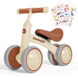 Balance Bike 1 Year Old, 10-24 Months Baby Balance Bike Toys, No Pedal Infant 4 Wheels Toddler Bike, Toddler Ride On Toys, Three Free Cartoon Stickers, First Birthday Gift for Boys Girls (Beige)