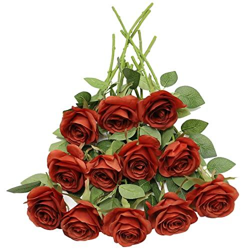 LVEFIT Artificial Rose Flower Artificial Flowers Flower with Long Stem Silk Roses Bouquet for Wedding Bridal Shower Party Home Decoration (Burnt Orange, 40 Pcs)