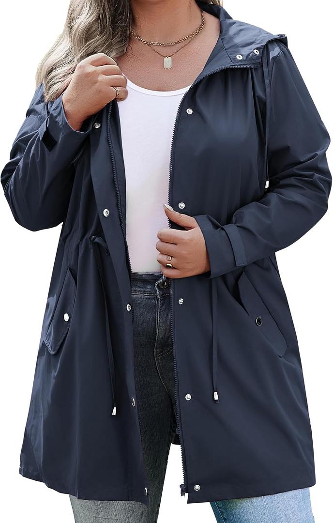 IN'VOLAND Plus Size Rain Jackets For Women Waterproof Rain Coats with Hood Lightweight Windbreaker Outdoor Trench Coat, Size 24 Plus