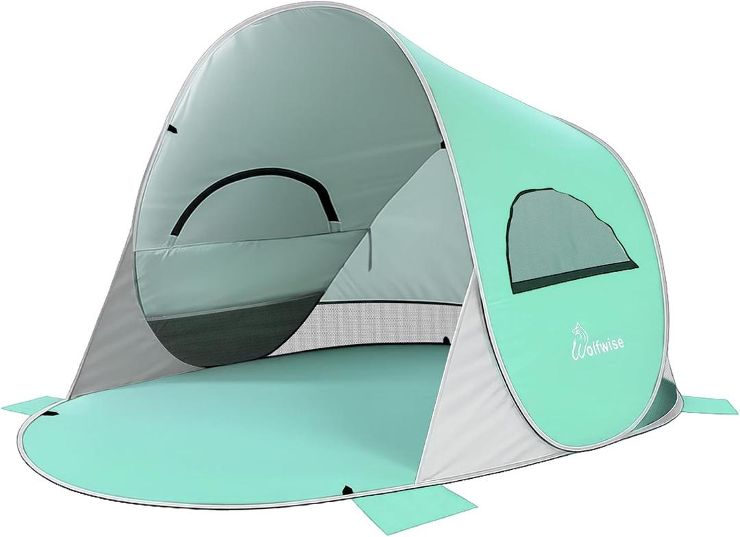 Wolfwise Pop up Beach Tent Sun Shelter with UPF50+ UV Protection, Instant Easy Setup Popup Beach Shade Canopy for 4 Person, Portable & Foldable with Carring Bag, 95 6553 in, Mint Green