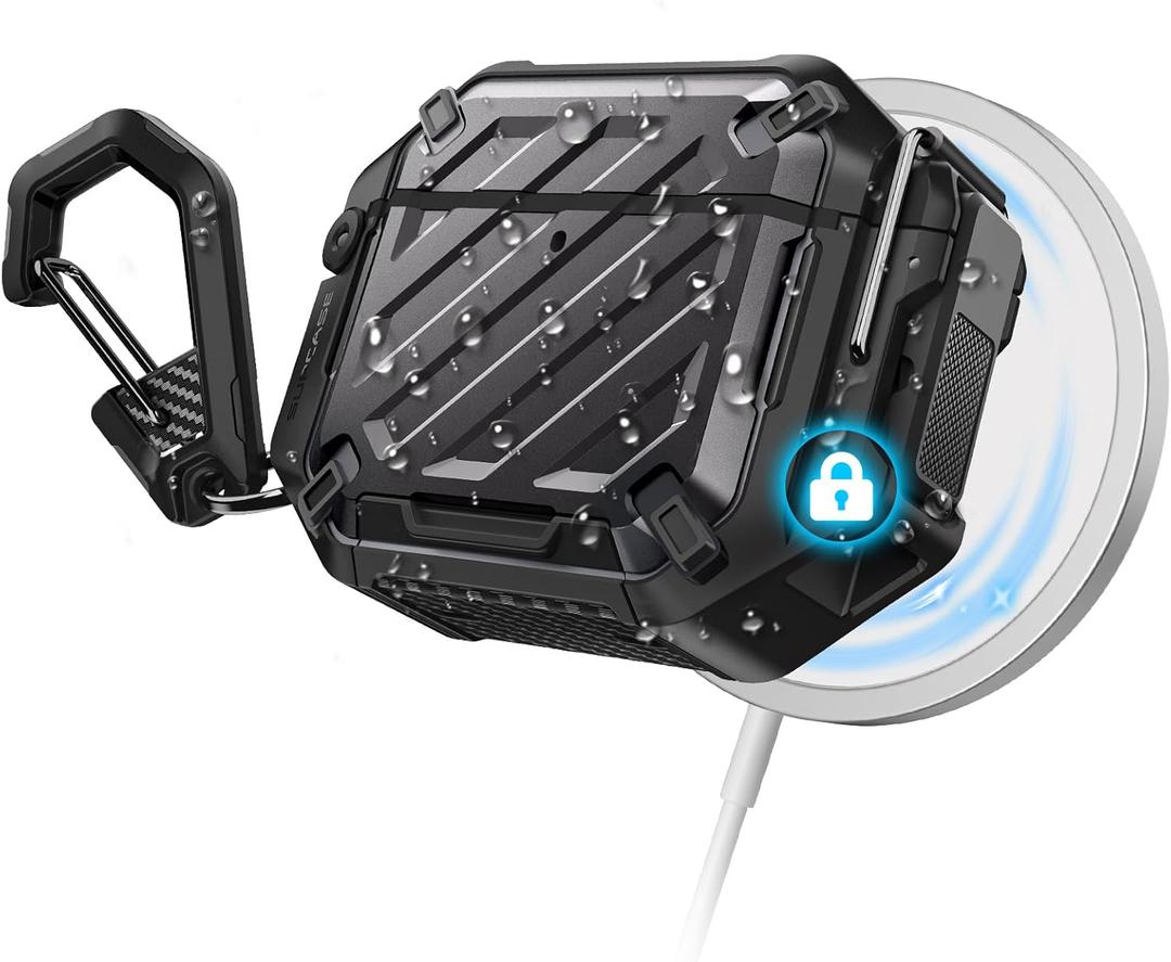 SUPCASE for AirPods 4 Case with Lock & Carabiner (Unicorn Beetle Pro), [IP68 Waterproof] [Military-Grade Protection] [Supports Wireless Charging] Anti-Scratch Hard Shell Waterproof Cover, Black