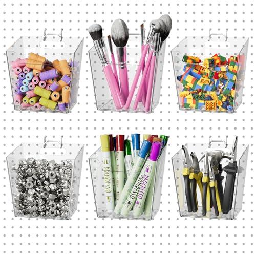 G.CORE Large Pegboard Cups Peg Board Storage Bin 6 Pack with Hooks, Square Box Shape Pegboard Cup Holder Accessories for Garage Workbench/Craft Room/Office/Playroom/Home Kitchen Organization (Clear)