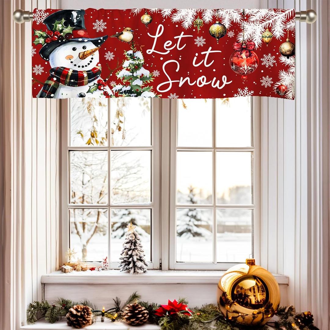 Snowman Christmas Curtains Valance, Christmas Window Valance Curtains, Christmases Decorations Kitchen Window Decor, Red Xmas Tree Short Curtain Drapes for Living Room Bedroom 51x18 in