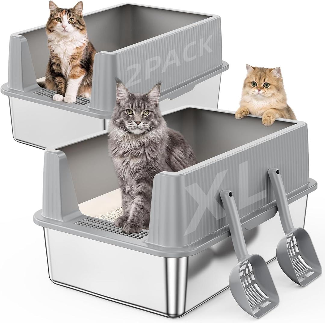 Suitfeel XL Stainless Steel Cat Litter Box with Lid,2 Pack,Light Gray