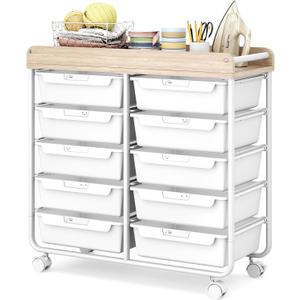 10 Drawers Rolling Cart with Wooden Tabletop, Utility Storage Cart with Wheels, Art Supply Craft Organizer on Wheel with Metal Frame & Handles for Home Office School (Pure White)