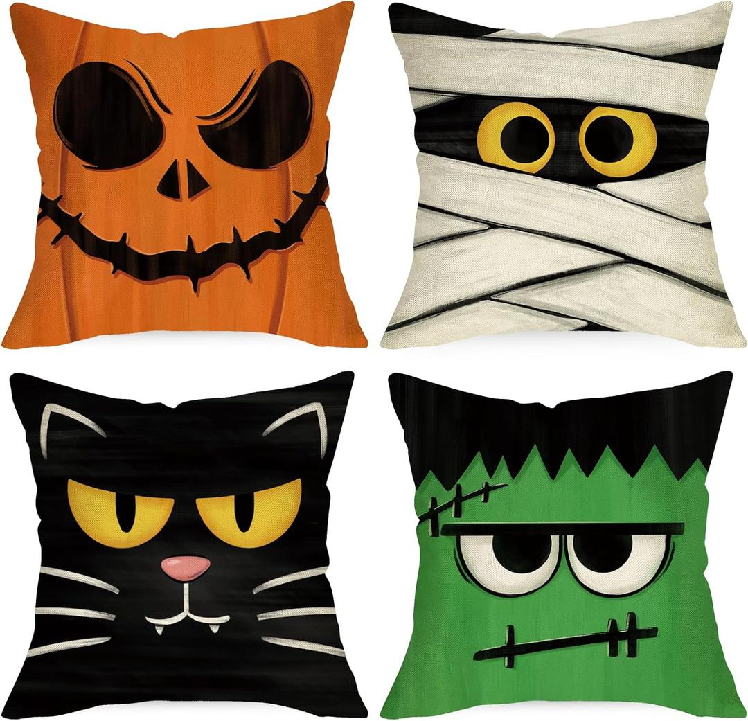 Ussap Halloween Jack O Lantern Decorative Throw Pillow Covers 18 x 18 Set of 4, Spooky Face Mummy Black Cat Fran.kens-tein Cushion Case Decor, Holiday Home Decoration for Sofa Couch