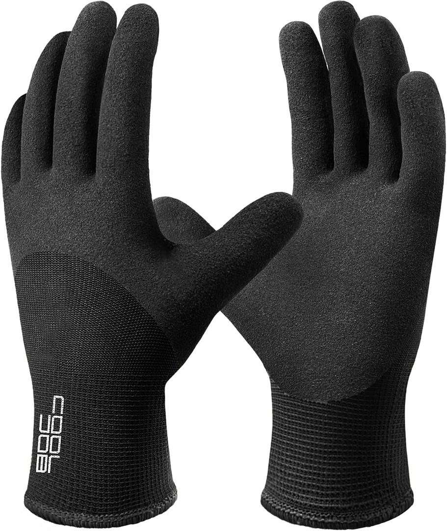 COOLJOB Winter Freezer Work Gloves for Men Women with Grip, Windproof Thermal Warm Fleece Lined, 3/4 Latex Coated for Heavy Duty, Construction, Warehouse, Black, 1 Pair, S