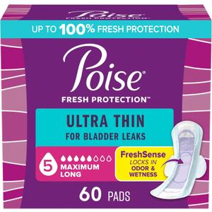 Poise Ultra Thin Incontinence & Postpartum Pads with Wings for Bladder Leaks, 5 Drop Maximum Absorbency, Long Length, 60 Count, Packaging May Vary