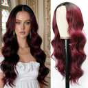 Halcyon Long Wine Red Wavy Wigs for Women 26 Inch Ombre Burgundy Wigs Natural Looking Synthetic Heat Resistant Fiber Curly Wavy Wig for Daily Party Use