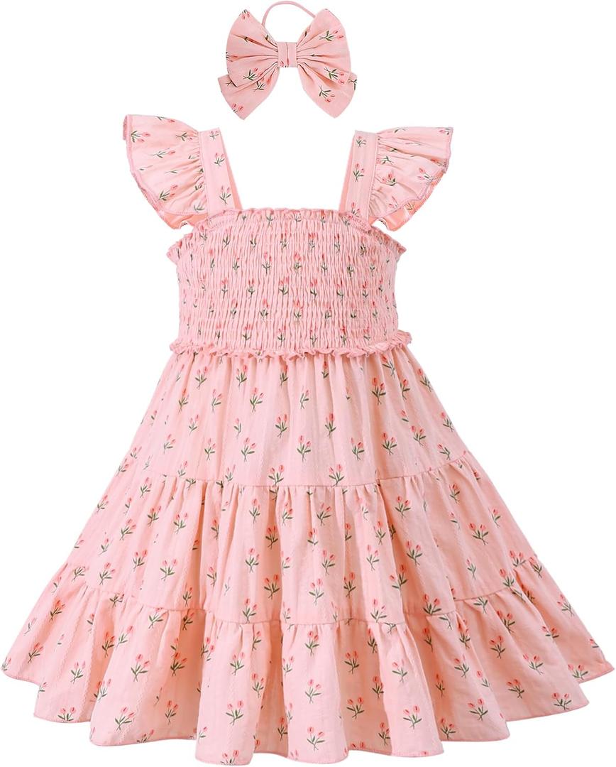 Mioglrie Little Girl Dresses Summer Outfits 4T-5T Girl Clothes Kids Princess Pink Ruffle Sleeveless Floral Dress Casual Park Sundress