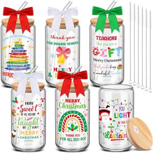 6 Pcs Christmas Teacher Appreciation Gifts for Women 16 oz Glass Coffee Cups with Bows Lids Straws Brushes Thank You End of Year Gifts for Teacher from Student School Present