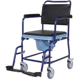 Steel Commode Wheelchair for Adults with Flip-Up Armrests, Padded PVC Seat, 5” Wheels with Brakes, Removable Bucket & Footrests