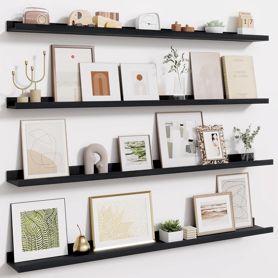 Fun Memories Picture Ledge Shelves Set of 4-48 Inch Shelves with Lip - Large Nursery Bookshelf for Storage - Floating Shelf Wall Mounted for Living Room - Bedroom -Kitchen - Black Color