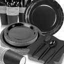 Lzerking Black Party Supplies Set 224 Pieces of Black Paper Plates, Cups, Napkins, and Heavy Duty Plastic Spoons Forks Knives for 32 Guests for Birthday, Graduation, Wedding, Festivals