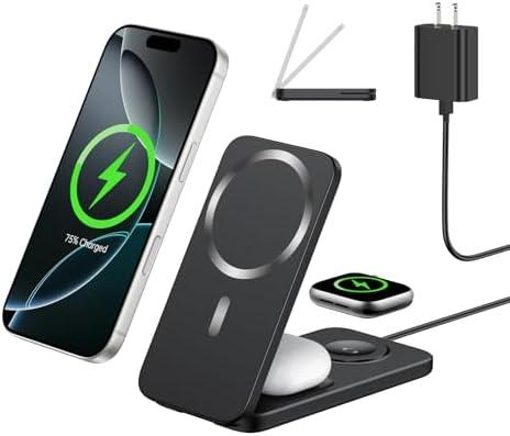 XNYAND Compatible MagSafe 3 in 1 Wireless Charging Station for Apple, Magnetic Foldable Charger Stand for iPhone 17/16/15/14/13/12 Pro Max, Apple Watch Ultra/Series & AirPods Pro Fast Charging Dock