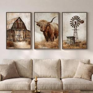 Framed Farmhouse Highland Cow Wall Art for Living Room, Set of 3 20x30 In, 20" W x 30" H x 3Pcs