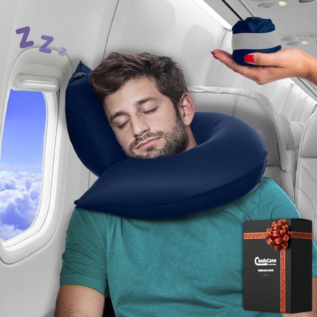 Inflatable Travel Pillows for Airplanes, Cars & Home. Head, Neck & Chin Support. Firmness Adjustable, Inflatable Neck Pillow for Traveling on Plane, Blow Up Pillows for Air (Navy with Gray Band)