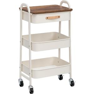AGTEK Makeup Cart Movable Rolling Organizer Cart with Drawer, 3 Tier Metal Utility Cart with Hanging Cups, Drawer with Leather Handle, Mobile Trolley Cart for Home & Office, White