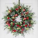 28Inch Christmas Wreath for Front Door, Artificial Real Touch Xmas Wreath with Warm Lights Faux Greenery Pinecone Berries for Outdoor Indoor Wall Table Home Holiday Christmas Front Door Decorations