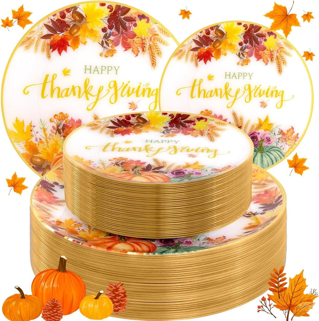 supernal 60pcs Thanksgiving Plastic Plates,Fancy Disposable Plates Heavy Duty,Fall Pumpkin Plate Autumn Maple Leaves Include 30 Dessert&Dinner Plate Fall Plastic Plato for Party and Wedding