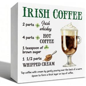 St Patrick Decor Irish Coffee Recipe Wooden Box Sign, Coffee Bar Tabletop Decor for Kitchen Counter Shelf, Farmhouse Holiday Wooden Decorative Sign for Irish Theme Home 5 x 5 Inches (Spring 09)