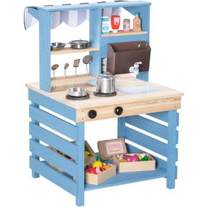 Mud Kitchen, Wooden Outdoor Kitchen Playset w/Menu, Sink, Stove, Water Box, Two Sided Pretend Play Kitchen for Kids, Cooking Toys, Backyard Table, Gift for Boys Girls Age 3+