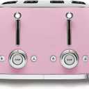 SMEG 4 Slice Toaster TSF03, Retro Stainless-Steel Toaster with Wide Slots for Bagels, 6 Browning Levels, Defrost Reheat Bagel Functions, Dual Controls, Crumb Trays, 1800W - TSF03PKUS - Pink