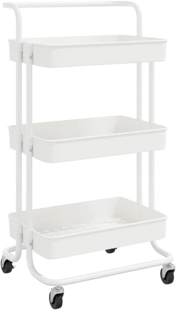 3 Tier White Kitchen Trolley, Organise and Store Stuff, Durable ABS and Iron Cart with 4 Wheels for Easy Moving, Ideal for Toys, Keys, Food, Office