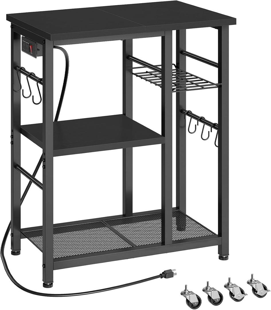 YATINEY Movable Bakers Rack, Microwave Stand with Charging Station, Kitchen Storage Rack with Hooks and Basket, Casters and Adjustable Feet, for Small Space, Kitchen, Dining Room, Black HB04UBB, 23.6"L x 15.7"W x 31.5"H