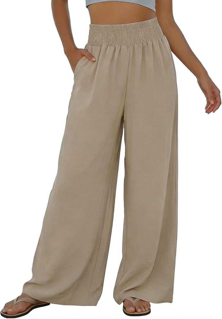Women Linen Wide Leg Pants High Waisted Smocked Elastic Waist Palazzo Pants Lightweight Beach Travel Pants Apricot