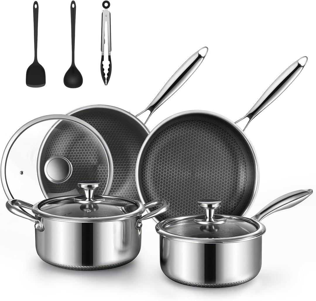 Non Stick Pots and Pan Set, 10 Pcs Hybrid Stainless Steel Cookware Set with Lids, Kitchen Skillet, Stock Pot, Nonstick Frying Pan, PFOA-free Kitchen Cooking Utensils,Induction,Dishwasher Safe