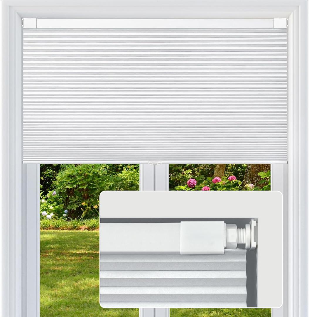Cordless Cellular Shades, No Drill No Tools Honeycomb Window Blinds, Blackout Light Blocking Cellular Shades for Window, Thermal Insulation Blinds, Easy to Install, White 34" W x 48" H