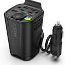 150W True Power Car Inverter Cup Holder, 6-in-1 DC 12V to 110V Converter with Dual AC Outlets, USB-C Fast Charging, Cigarette Lighter Socket & Car Charger - for Laptop, Phone, Tablet & Road Trips
