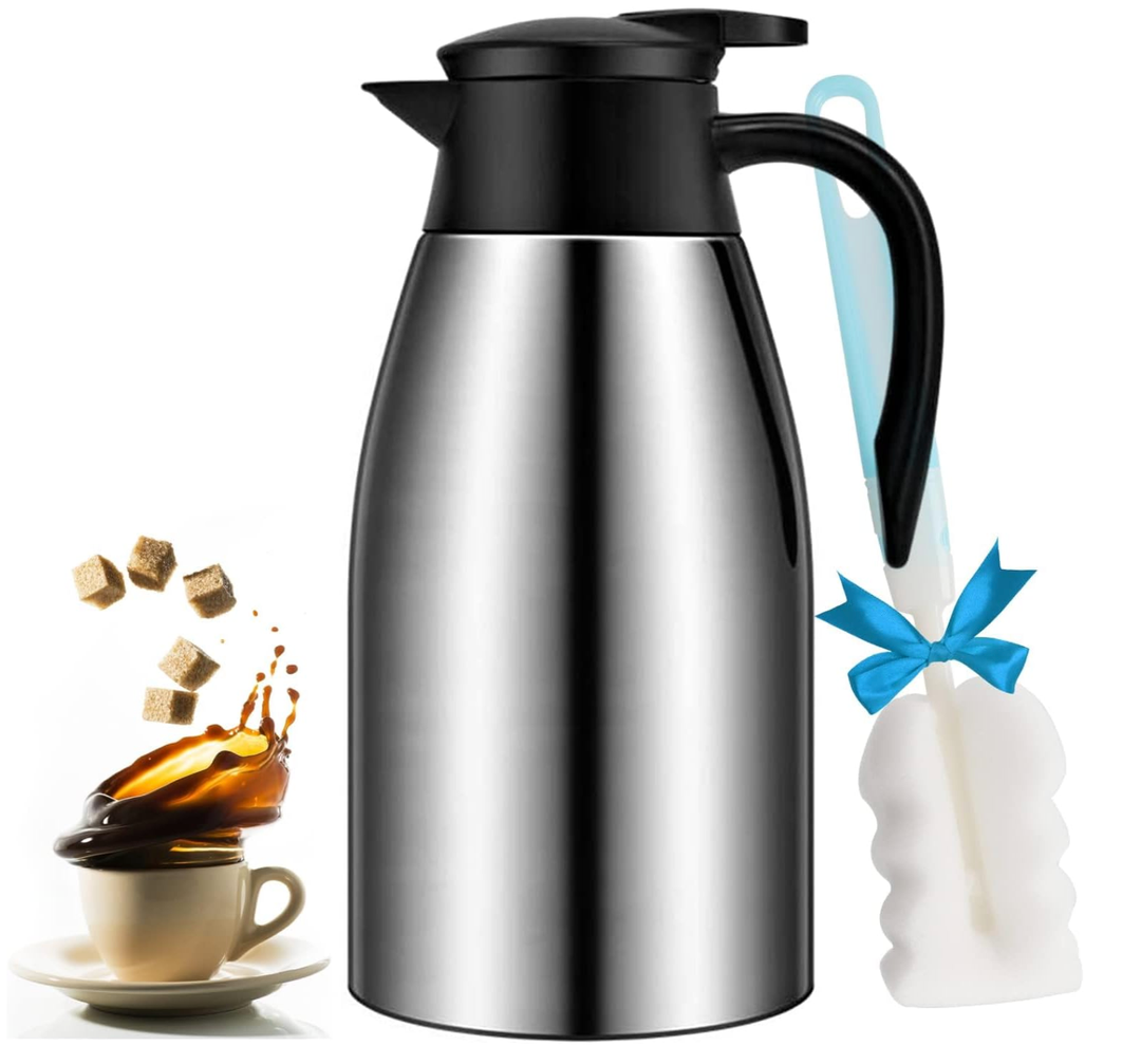 68oz Coffee Carafe Airpot Insulated Coffee Urn Stainless Steel Vacuum Thermal Pot Flask for Coffee, Hot Water, Tea, Hot Beverage Keep 12 Hours Hot, 24 Hours Cold, Silver