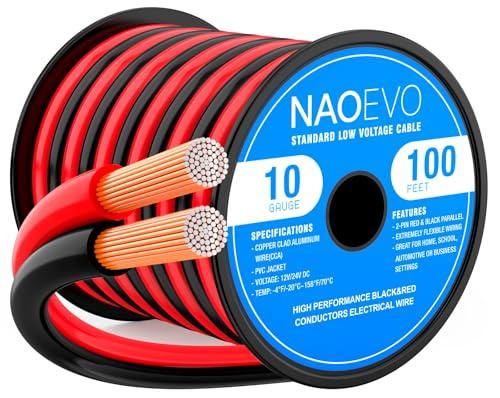 NAOEVO 10 Gauge Wire 100FT, 2 Conductors Electrical Wire Red Black Cable, Flexible/Low Voltage/PVC 10 AWG Copper Clad Aluminum Extension Cord for Speaker, LED Strips, Automotive 12V/24V DC