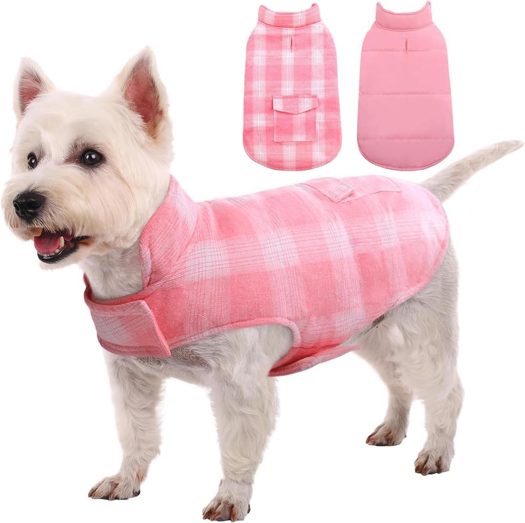Kuoser Dog Winter Coat, Reversible Dog Jacket, Warm Doggie Coat British Style Puppy Cold Weather Vest, Windproof Pet Clothes Vest for Small Dogs, Pink S (S (Chest Girth: 13.8-17.3''))