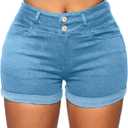 Romastory Womens High Waisted Jean Shorts Comfy Stretchy Workout Denim Shorts for Women (Blue, M)