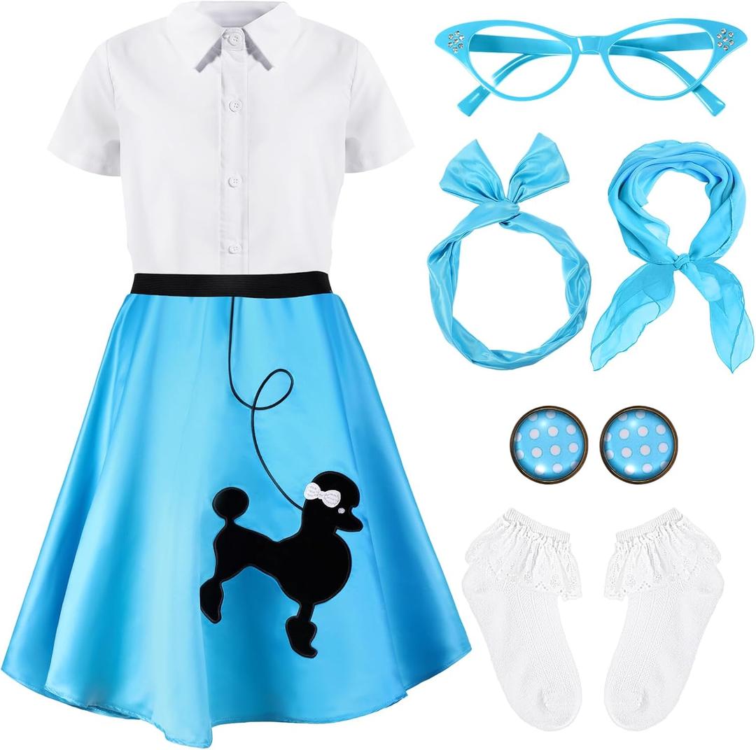 1950s Kids Poodle Skirt 50s Sock Hop Costume with Shirt Scarf Headband Earrings Glasses Socks, 7-9 Years