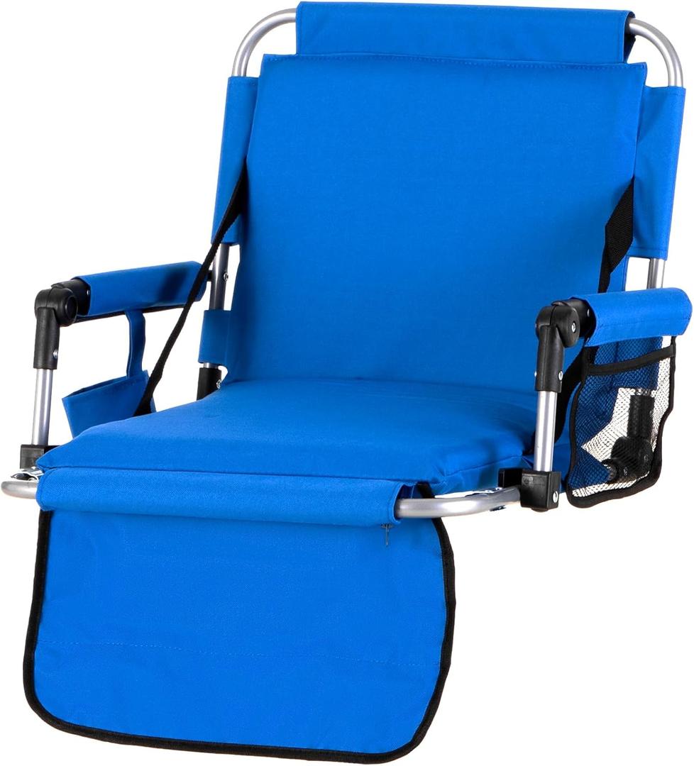 GREEN PARTY Stadium Seat for Bleachers Portable Outdoor Floor Folding Stadium Chair with Armrest, Back Support, Cup Holder, Mesh Bag and Hide Hooks (Blue)