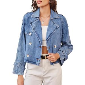 Nitzana Denim Jacket for Women Cropped Trench Coat Double Breasted Lightweight Jean Jackets Casual Outerwear 2025 Trendy, M