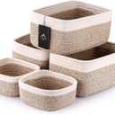 5-Pack Small Woven Rope Storage Baskets  2 Sizes Organizer Bins for Closet, Shelf, Bookshelf, Nursery, Changing Table, Fabric Cube Boxes, Rectangular Shallow Bins for Bathroom, Toy & Home (11.81*7.48*4.72'' & 5.91*5.91*2.56'', Natural & White)