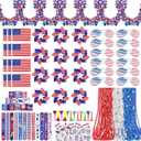 MOVINPE 150pcs 4th of July Accessories Patriotic Party Favors, Tinsel Garland Shutter Glasses Pinwheels Beaded Necklaces Flags Slap Bracelets Musical Blow Outs Tattoos Parades Giveaways (Multicolors)