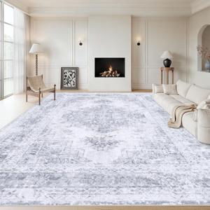Area Rug 10x12 Living Room Rugs, Machine Washable Vintage Distressed Medallion Rug Non-Slip Soft Low Pile Large Indoor Rugs for Bedroom Kitchen Dining Room Office(Light Grey,10'x12')