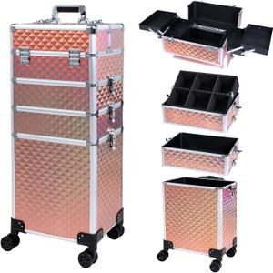 Professional Rolling Makeup Case, Cosmetology Case on Wheels 4 in 1 Large Cosmetic Train Case, Ideal Gift for Hairstylist, Nail Techs, Portable Beauty Organizer for Travel or Salon Use