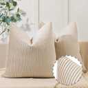 YCOLL Beige Pillow Covers 22x22 Set of 2 Velvet Striped Pattern - Soft Throw Pillows for Home Decor, Luxury Decorative Pillow Covers for Couch, Bed,Living Room