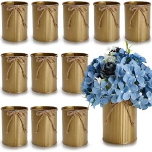 Tin Vase for Flower, 4.55 X 4 Inch Galvanized Metal Vases with Twine Bow 12PCS Tin Metal Buckets for Artificial Flowers Table Centerpiece Dining Wedding Engagement Home(Gold)