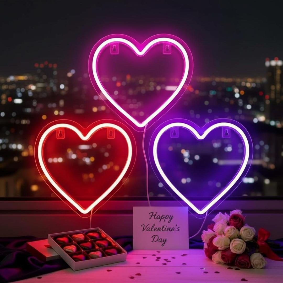 ROCEEI 3 Pcs Heart Neon Sign Valentine's Day Decoration Love Heart LED Light up Sign USB Powered Camping light Wall Window Decor for Valentine's Day Wedding Anniversary Bedroom Classroom