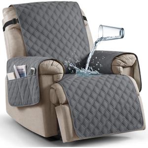 Ruaozz 100% Waterproof Recliner Chair Covers, Non-Slip Reclining Covers for Recliner Chair Washable Chair Cover, Recliner Covers with Pockets for Kids, Dogs, Pets (Dark Grey, 28'')