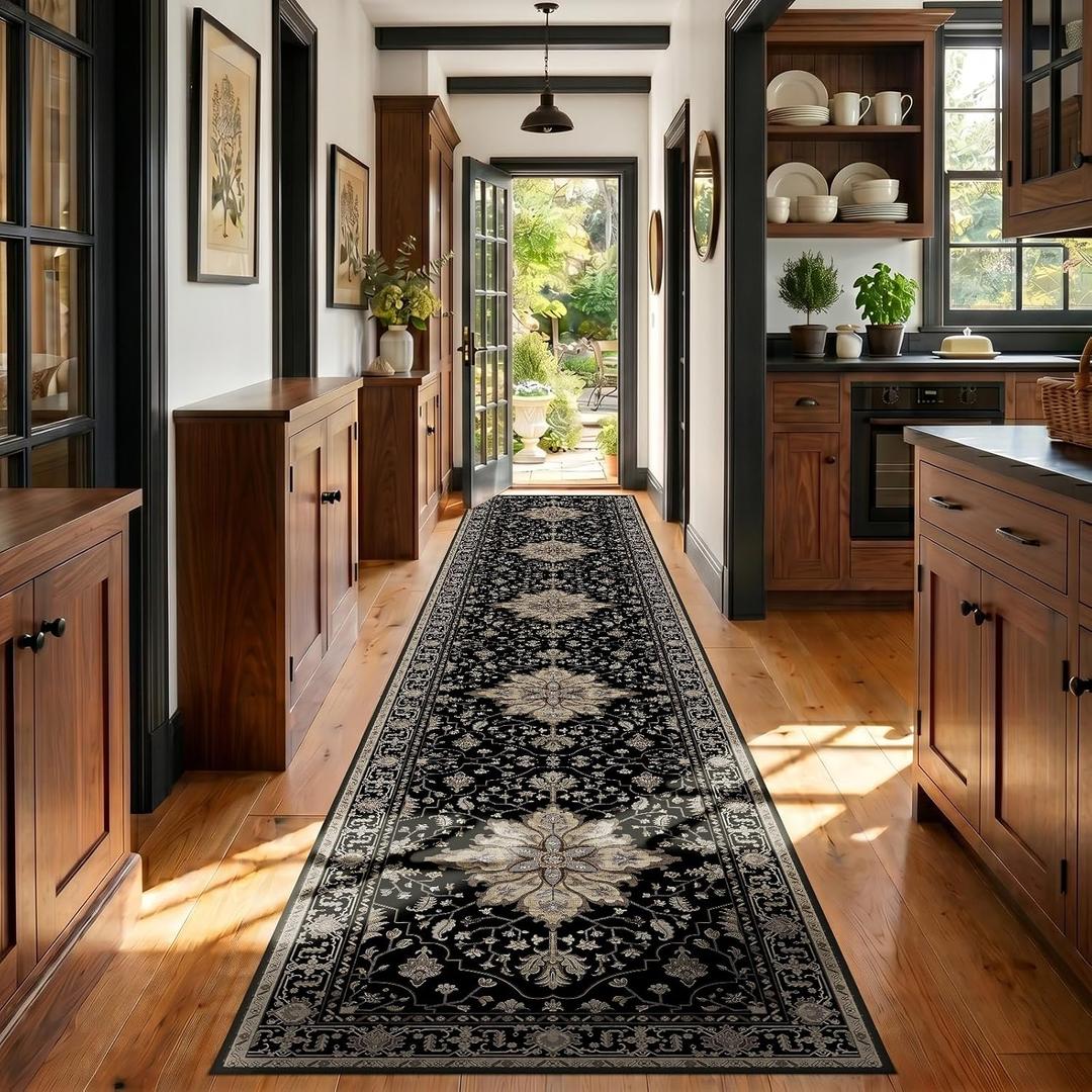 RELEANY Washable Area Rug, Runner 3'x20', Black/Neutral